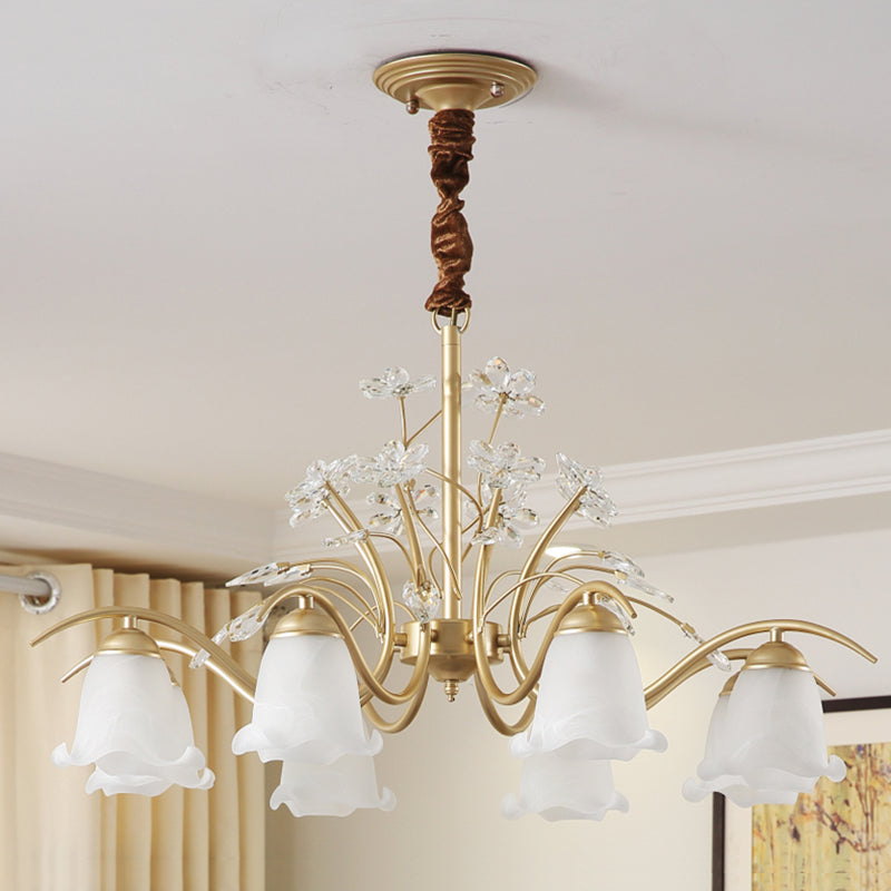 Gold Scalloped Chandelier Pendant Light With Crystal Accents - 3/6/8-Light Ruffle Glass Fixture