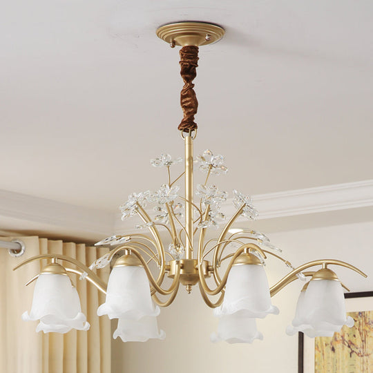 Gold Scalloped Chandelier Pendant Light With Crystal Accents - 3/6/8-Light Ruffle Glass Fixture