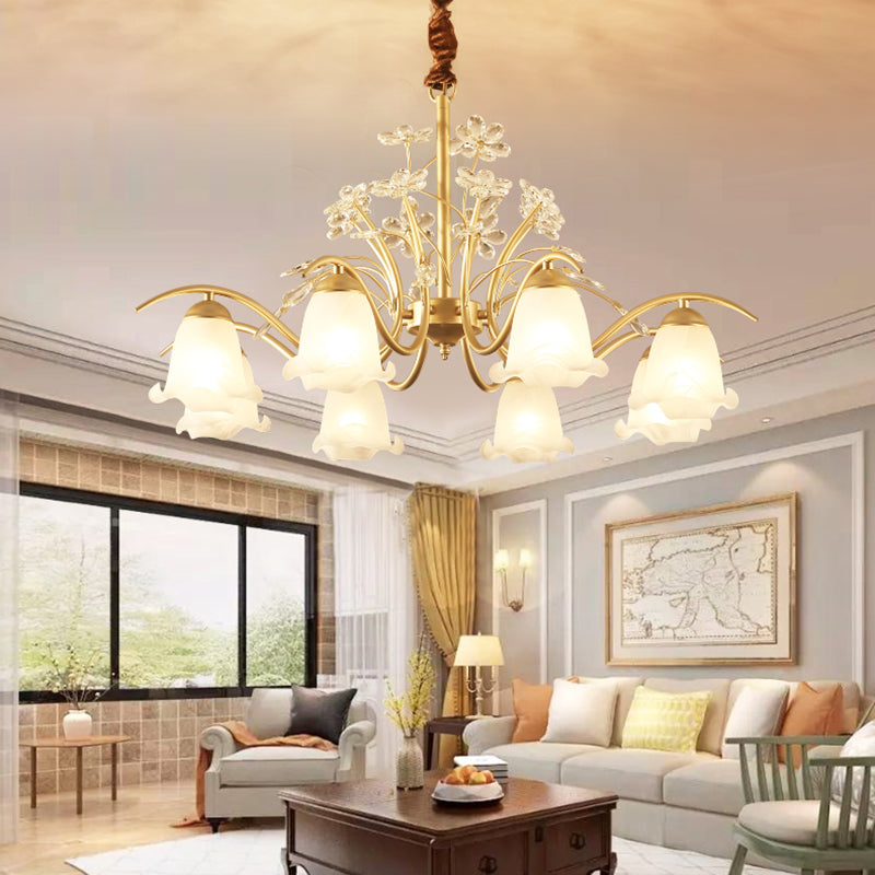 Gold Scalloped Chandelier Pendant Light With Crystal Accents - 3/6/8-Light Ruffle Glass Fixture