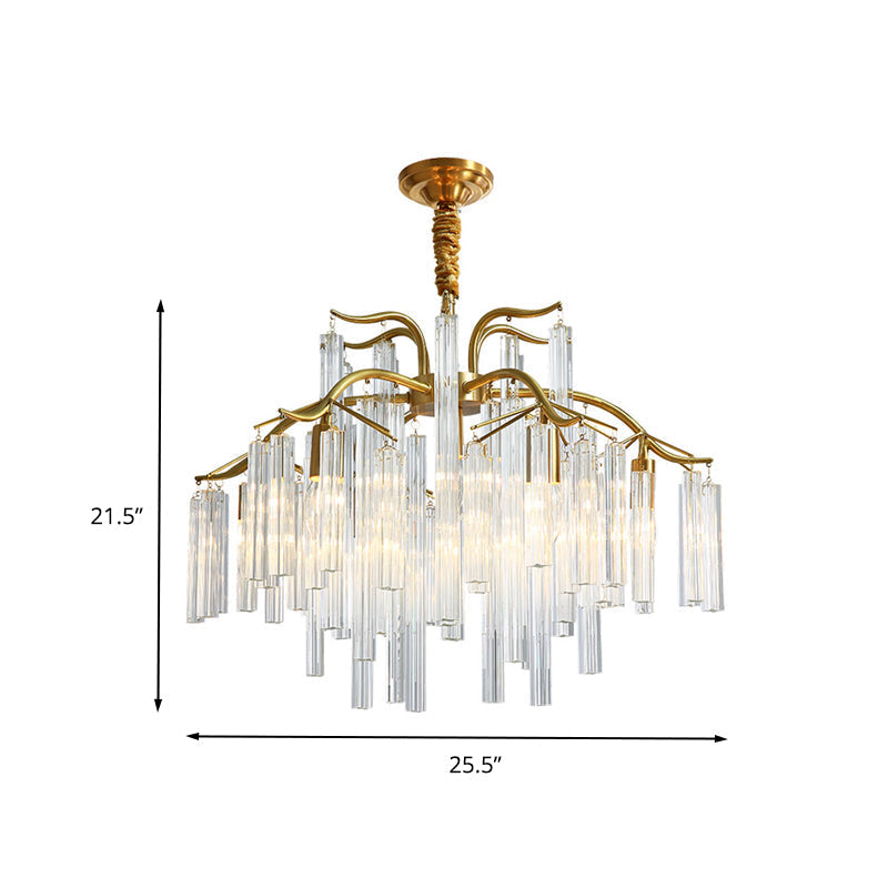 Lustre postmoderne à bras incurvés dorés avec 7 têtes de tige en cristal - Luminaire suspendu à trois côtés