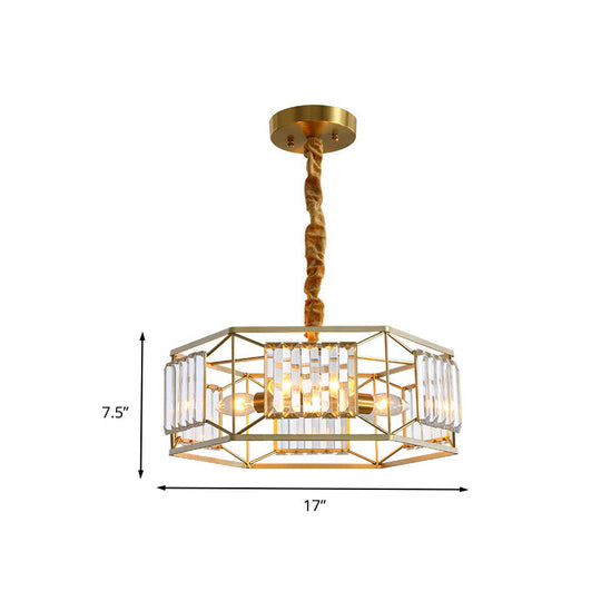 Suspension moderne à cadre hexagonal en métal avec bloc de cristal - Plafonnier doré à 3 têtes