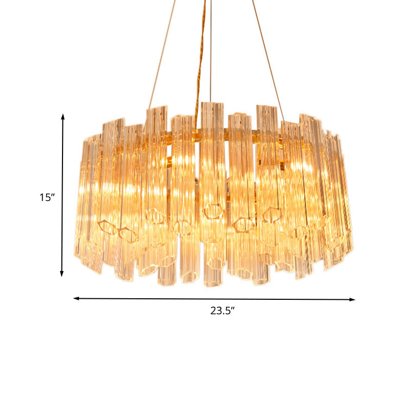 Lustre circulaire moderne : cristal transparent strié, 8 têtes, luminaire suspendu doré