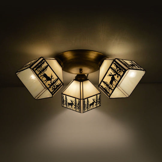 Retro Style Stained Glass Geometric Ceiling Light with Prismatic/Swallow-Tail/House/Dome/Bell Shape - 3 Lights Flushmount