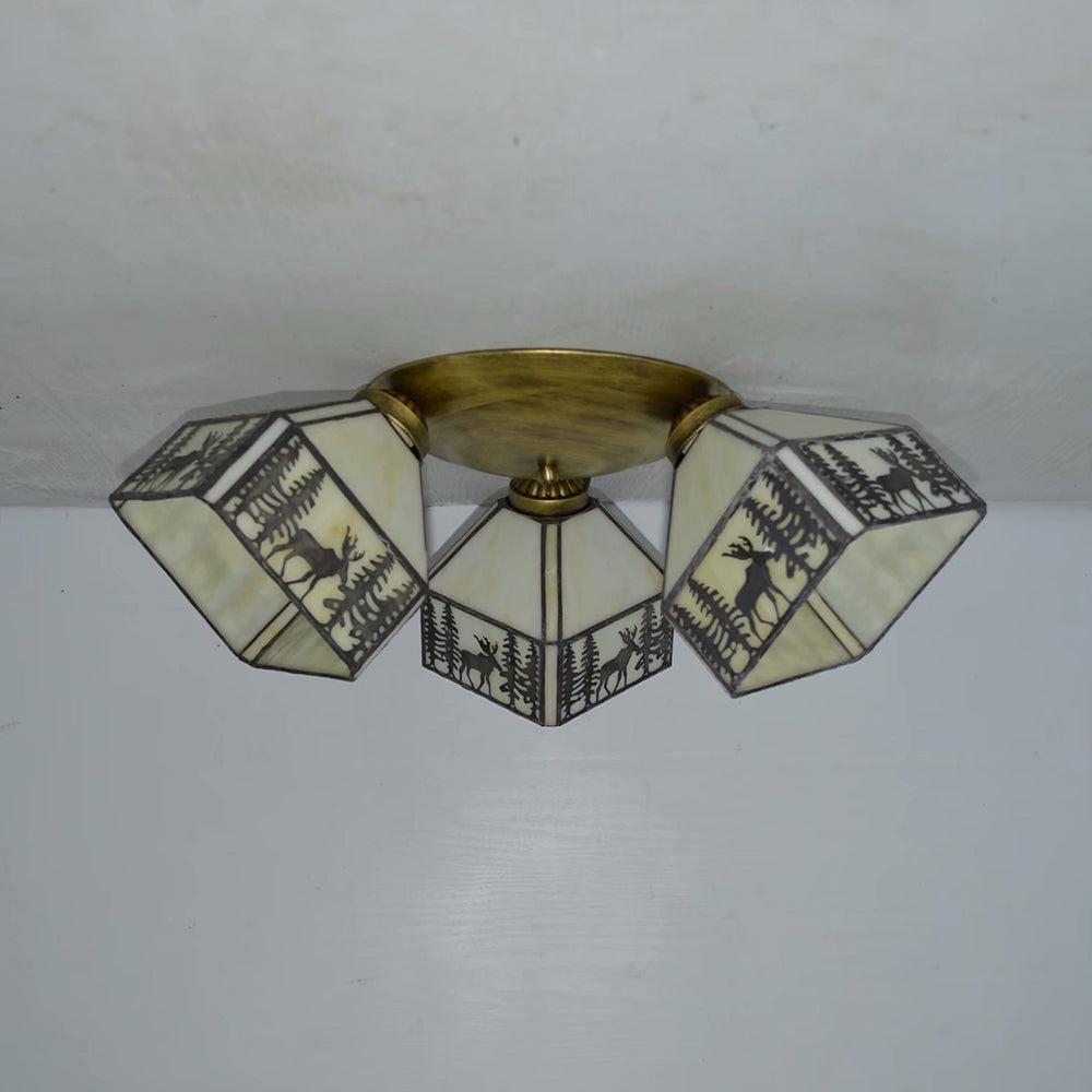 Retro Style Stained Glass Geometric Ceiling Light with Prismatic/Swallow-Tail/House/Dome/Bell Shape - 3 Lights Flushmount