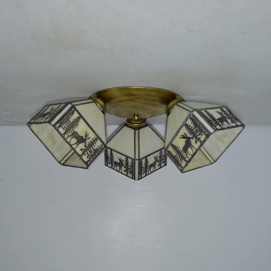 Retro Style Stained Glass Geometric Ceiling Light with Prismatic/Swallow-Tail/House/Dome/Bell Shape - 3 Lights Flushmount