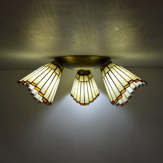 Retro Style Stained Glass Geometric Ceiling Light with Prismatic/Swallow-Tail/House/Dome/Bell Shape - 3 Lights Flushmount