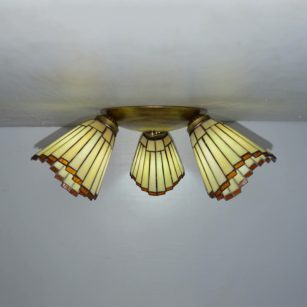 Retro Style Stained Glass Geometric Ceiling Light with Prismatic/Swallow-Tail/House/Dome/Bell Shape - 3 Lights Flushmount