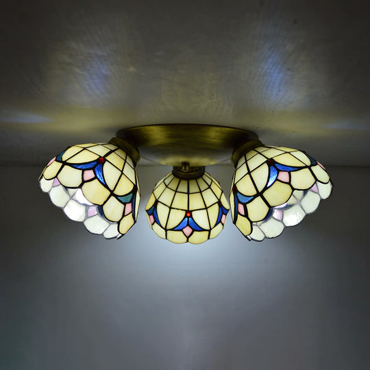 Retro Style Stained Glass Geometric Ceiling Light with Prismatic/Swallow-Tail/House/Dome/Bell Shape - 3 Lights Flushmount