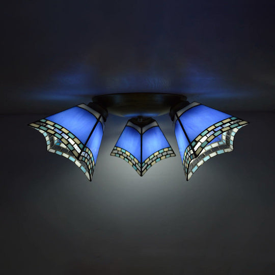 Retro Style Stained Glass Geometric Ceiling Light with Prismatic/Swallow-Tail/House/Dome/Bell Shape - 3 Lights Flushmount