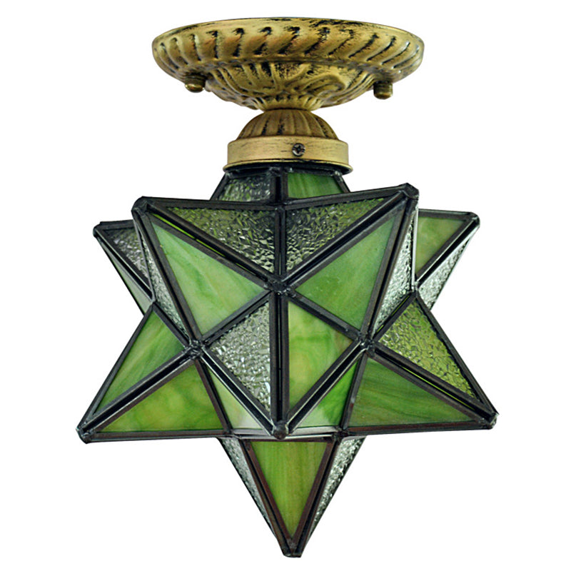 Icy Clear Glass Tiffany Semi-Flush Ceiling Light For Bedroom With Diamond Shape Mount Green