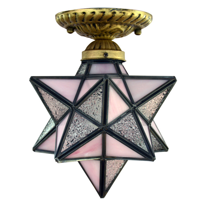 Icy Clear Glass Tiffany Semi-Flush Ceiling Light For Bedroom With Diamond Shape Mount Pink