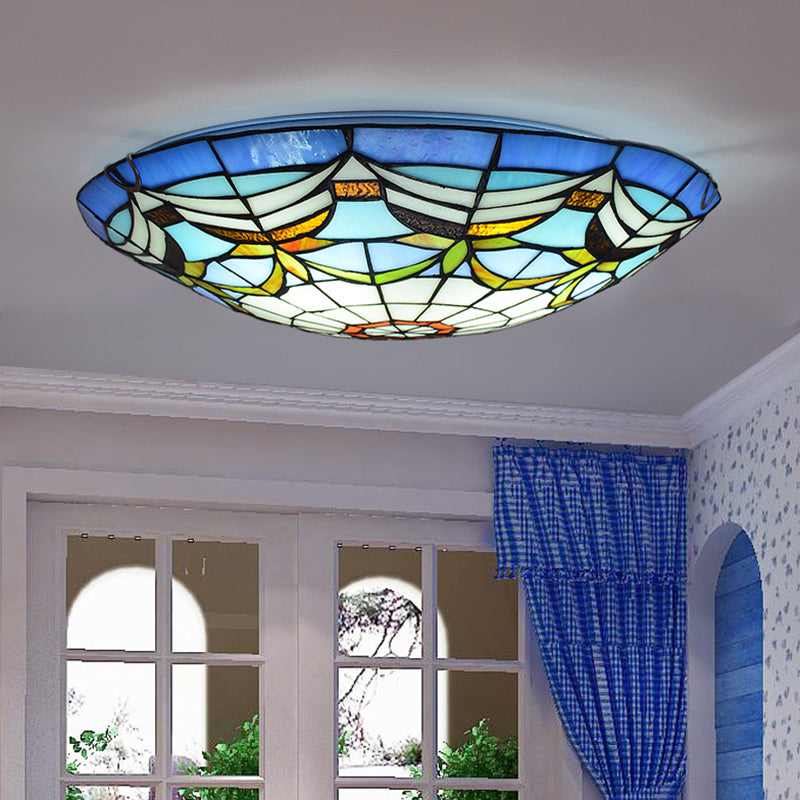 Tiffany Style Art Glass Dome Flush Ceiling Light For Bedroom