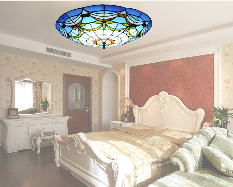 Tiffany Style Art Glass Dome Flush Ceiling Light For Bedroom