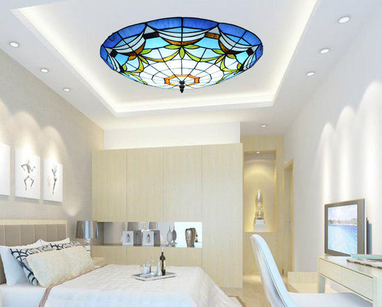 Tiffany Style Art Glass Dome Flush Ceiling Light For Bedroom