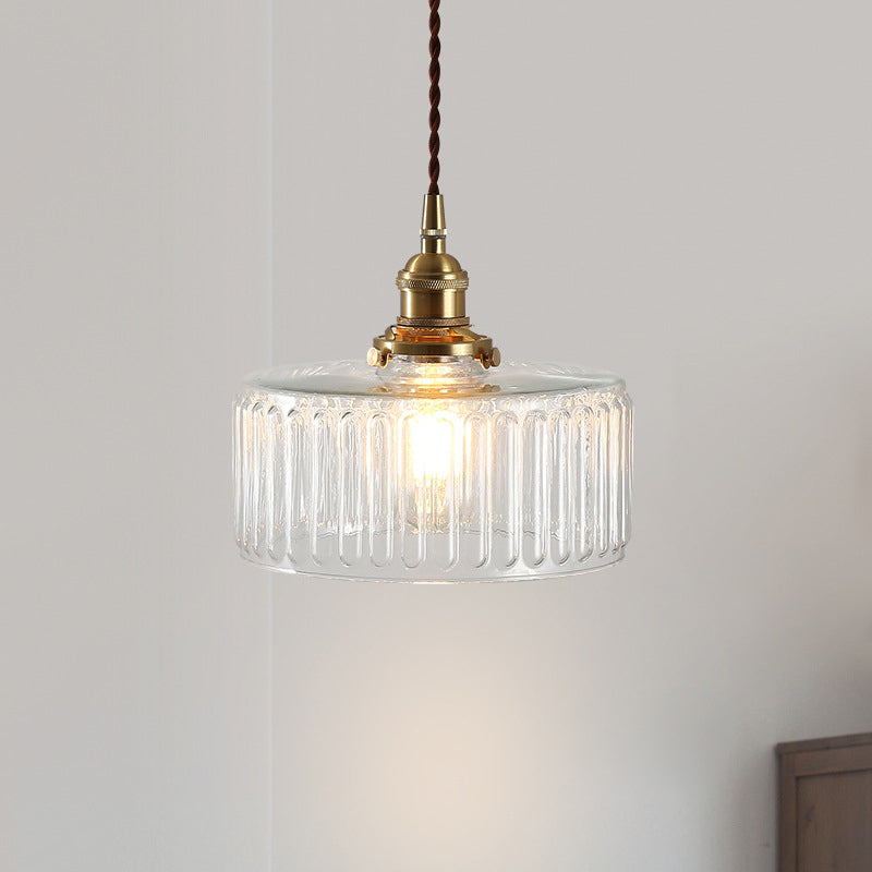 Clear Ribbed Glass Drum Pendant Lighting - Vintage 1-Light Lamp For Living Room