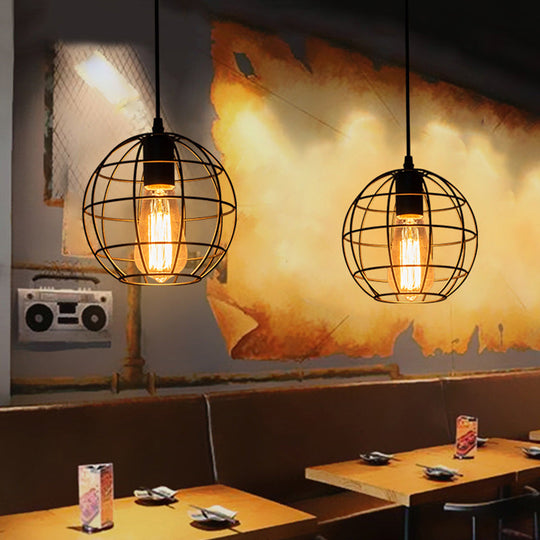 Industrial Retro Black Metal Pendant Light With Spherical Cage - Ideal For Restaurants