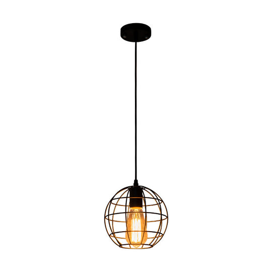 Industrial Retro Black Metal Pendant Light With Spherical Cage - Ideal For Restaurants