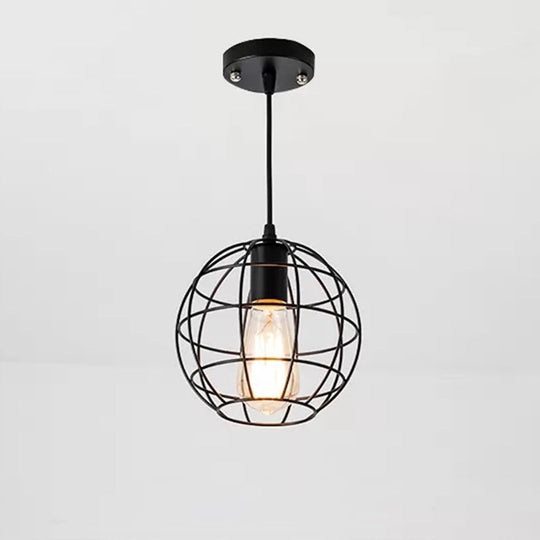 Industrial Retro Black Metal Pendant Light With Spherical Cage - Ideal For Restaurants