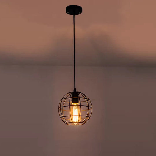 Industrial Retro Black Metal Pendant Light With Spherical Cage - Ideal For Restaurants