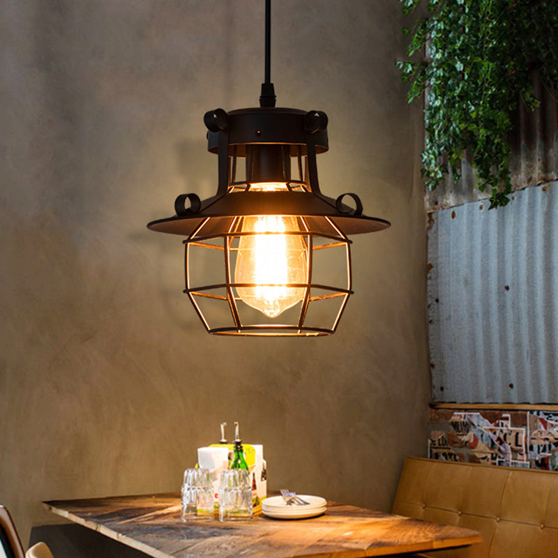 Industrial Retro Black Metal Pendant Light With Wire Cage - Perfect For Restaurants