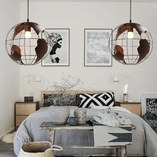 Industrial Orb Pendant Light With Metal Cage Shade For Living Room Black / 8