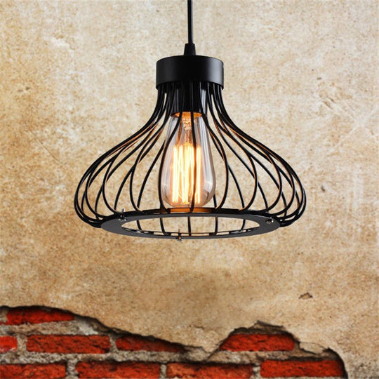 Industrial Retro Teardrop Cage Pendant Light For Restaurant - Black Metal 1-Light