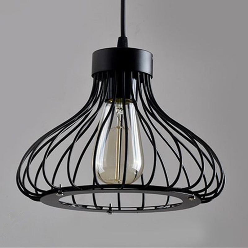 Industrial Retro Teardrop Cage Pendant Light For Restaurant - Black Metal 1-Light