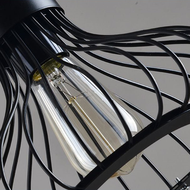 Industrial Retro Teardrop Cage Pendant Light For Restaurant - Black Metal 1-Light