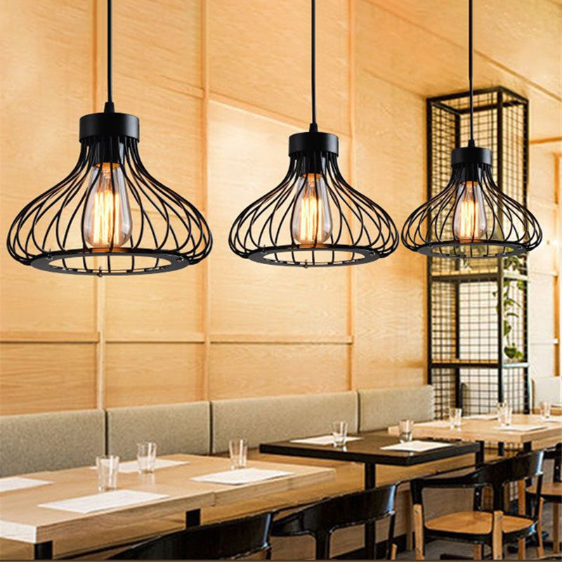 Industrial Retro Teardrop Cage Pendant Light For Restaurant - Black Metal 1-Light