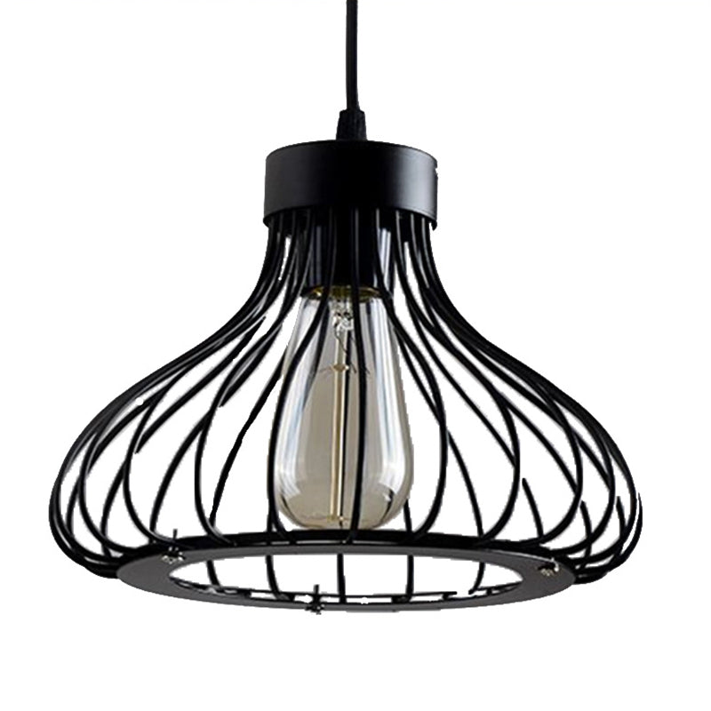 Industrial Retro Teardrop Cage Pendant Light For Restaurant - Black Metal 1-Light