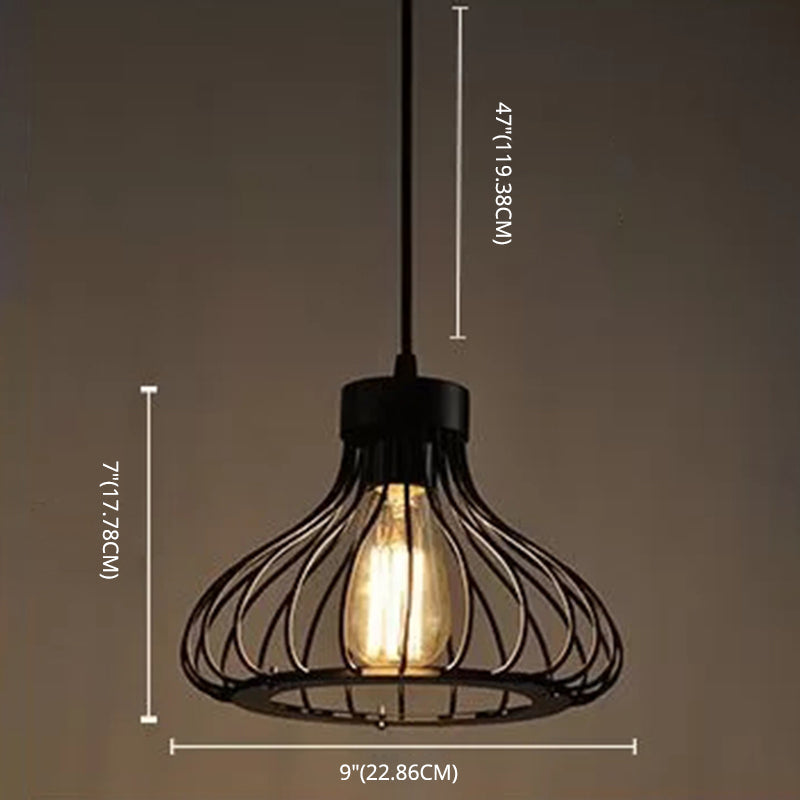 Industrial Retro Teardrop Cage Pendant Light For Restaurant - Black Metal 1-Light