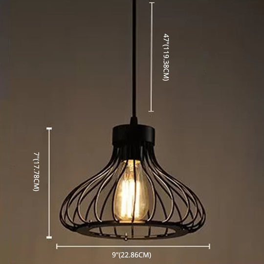 Industrial Retro Teardrop Cage Pendant Light For Restaurant - Black Metal 1-Light