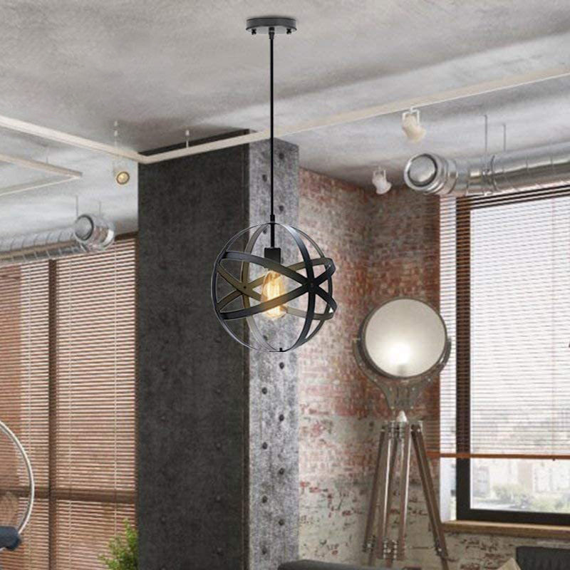 Vintage Industrial Pendant Light With Single Globe Cage For Dining Table