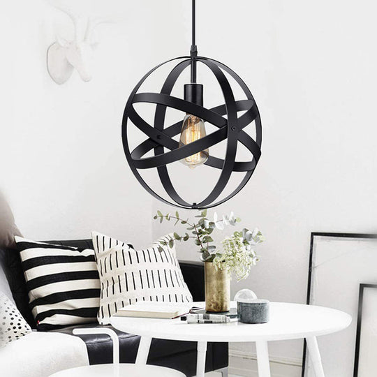 Vintage Industrial Pendant Light With Single Globe Cage For Dining Table Black