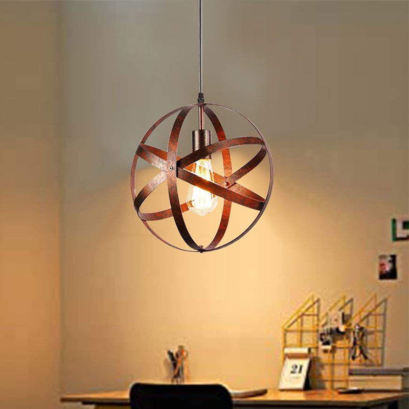 Vintage Industrial Pendant Light With Single Globe Cage For Dining Table