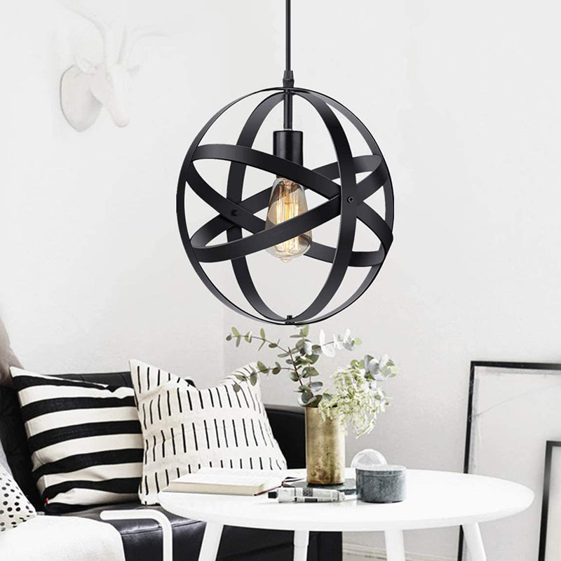 Vintage Industrial Pendant Light With Single Globe Cage For Dining Table