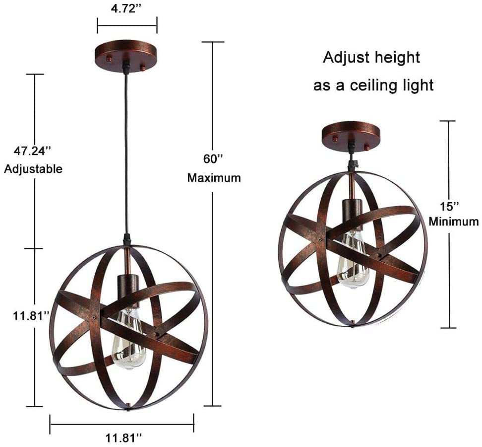 Vintage Industrial Pendant Light With Single Globe Cage For Dining Table