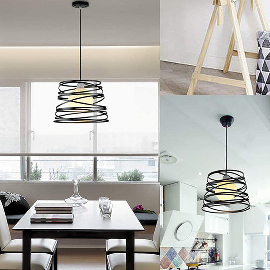 Industrial Retro Cylinder Cage Pendant Light - Black Metal Hanging Lamp For Restaurants