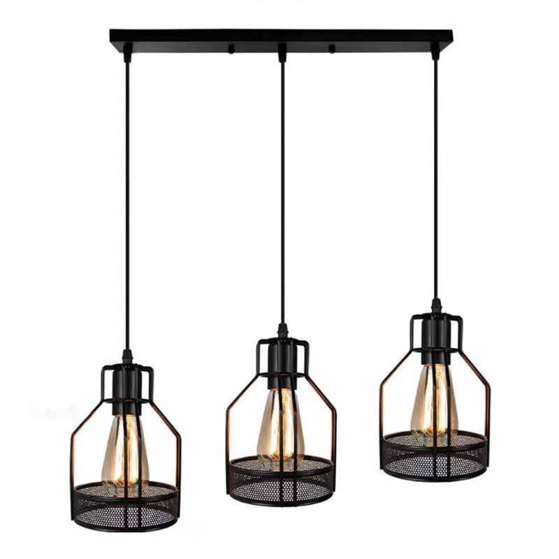 Black Metal Pendant Light - Industrial Retro Bird Cage Hanging Lamp For Restaurants / Linear