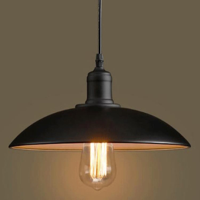 Industrial Retro Dome Shade Pendant Light - Black Metal Hanging Lamp 1-Light