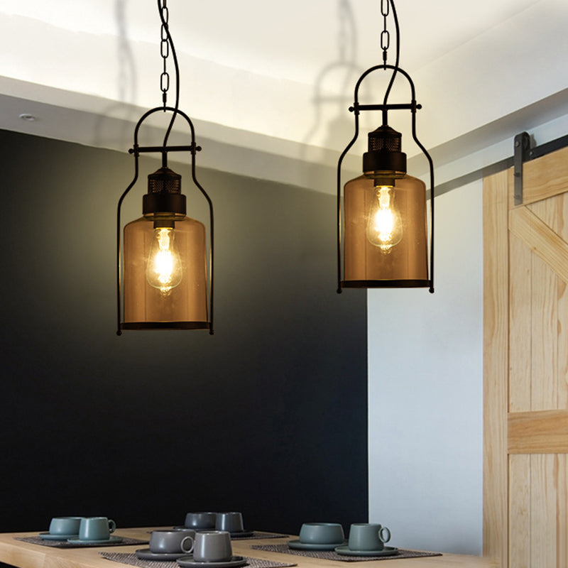 Industrial Black Pendant Light With Cylinder Glass Shade And Metal Joint