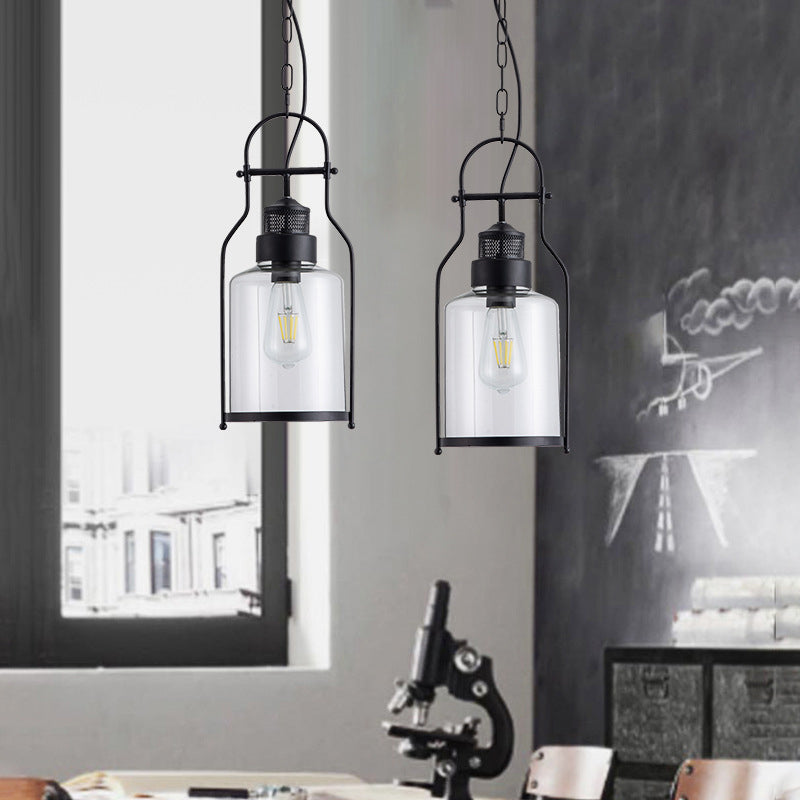 Industrial Black Pendant Light With Cylinder Glass Shade And Metal Joint