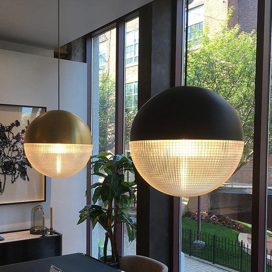 1-Light Metal Pendant Lamp with Mid-Century Modern Spherical Prismatic Glass