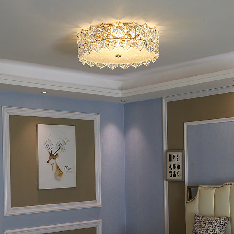 Clear Crystal Flush Ceiling Light - Contemporary Round Bedroom Lighting