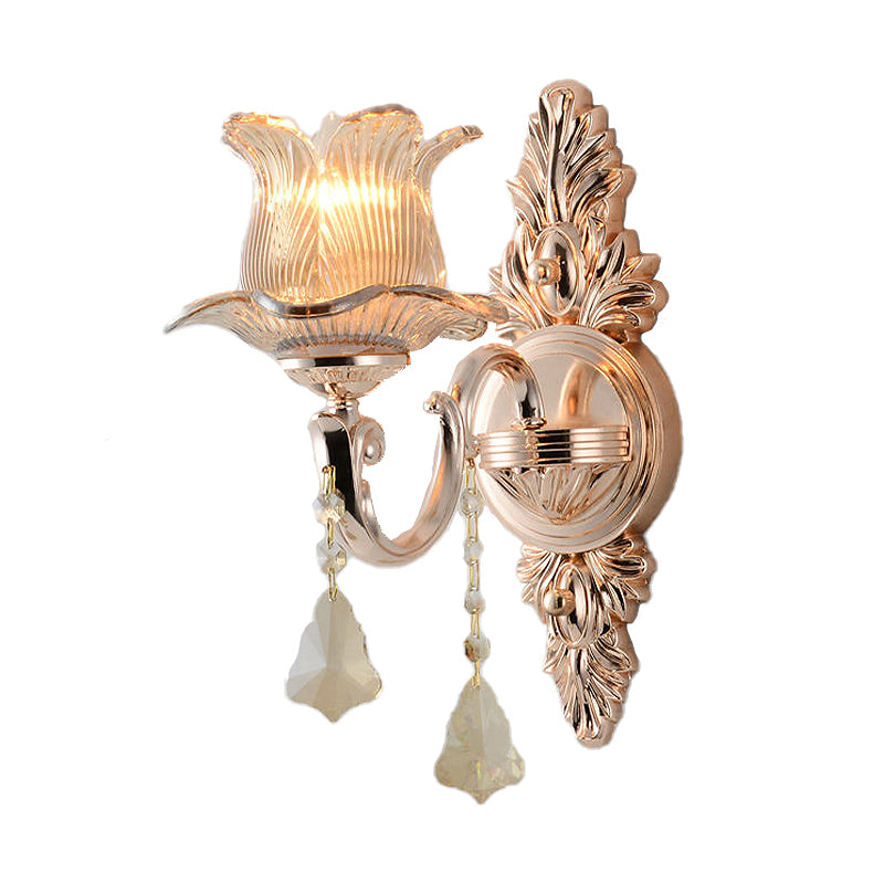 Modern Prism Glass Flower Wall Sconce Light - Brass With Crystal Accent