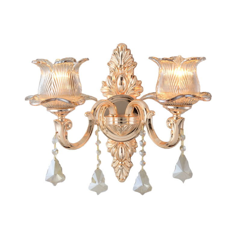 Modern Prism Glass Flower Wall Sconce Light - Brass With Crystal Accent