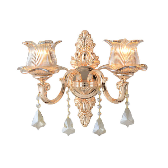 Modern Prism Glass Flower Wall Sconce Light - Brass With Crystal Accent