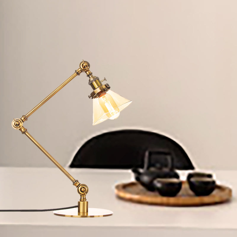 Adjustable Arm Industrial Table Lamp With Clear Glass Shade - Black/Brass Finish