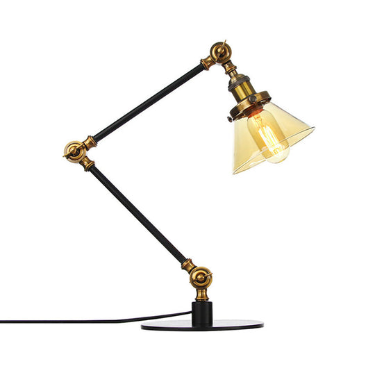 Adjustable Arm Industrial Table Lamp With Clear Glass Shade - Black/Brass Finish