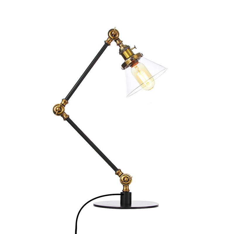 Adjustable Arm Industrial Table Lamp With Clear Glass Shade - Black/Brass Finish